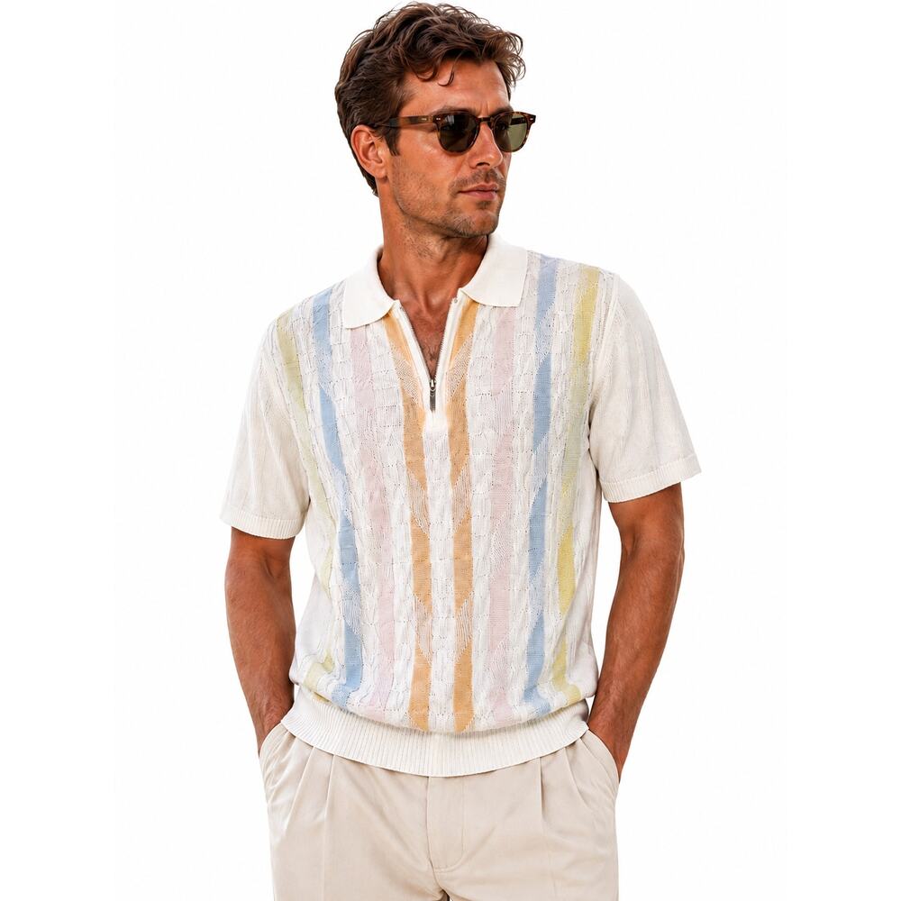Peletti Short Sleeve Knit Sweater 1/4" Zip White with stripes Mens Size Medium